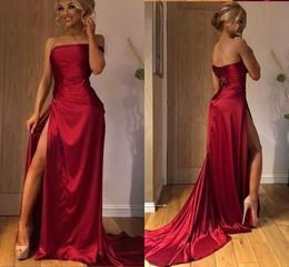 Sexy High Slit Prom Party Dresses Soft Satin Strapless Pleated Bridesmaid Evening Elegant Formal Dress Vestidos De Festia Cheap Homecoming