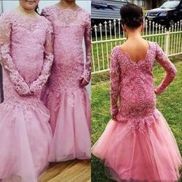 Long Sleeve Mermaid Girls Pageant Dress Beaded Appliques Lace Tulle Long Girls Birthday Party Gowns Custom Size