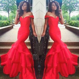 Simple 2019 Red Three Layers Mermaid Special Occasion Dress Girls Off The Shoulder With Sleeve Satin Backless Prom Evening Gowns Formal