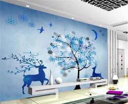 2019 New Beautiful Blue Snowflake Deer Fashion Moonlight Living Room TV Background HD Superior Interior Decorations 3d Wallpaper