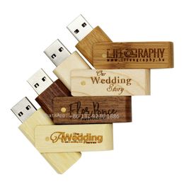 Free Custom Logo Natural Walnut USB Flash Drive 64g Swivel Usb with Square Box 4GB/8GB/16GB/32GB/128GB Memory Wood Flash Stick