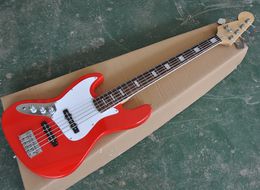 Orange red left handed 5 strings electric bass guitar with white pickguard,Rosewood fretboard with white binding