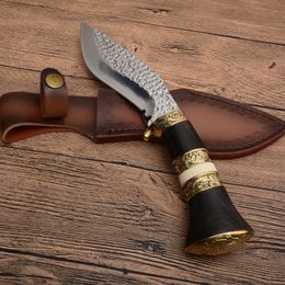Special Offer Hand Made Fixed Blade Hunting Knife 7Cr17Mov Satin Drop Point Blade Ebony + Brass Handle With Leather Sheath