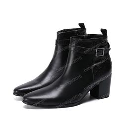 New Genuine Leather High Heel Men Boots Buckle Zipper Men Ankle Boots Big Size Black Club Pointed Toe Party Dance Boots Male