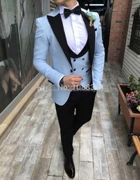 New Arrival Light Blue Groom Tuxedos Peak Lapel Slim Fits Men Wedding Party Dress 3 pieces Business Suits (Jacket+Pants+Vest+Tie) K156