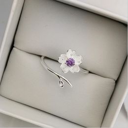 Luxury Female Big Crystal CZ Stone Ring 925 Silver Cute Purple Peach blossom Wedding Adjustable Rings Promise Engagement Ring
