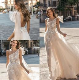 Muse by Berta 2020 Wedding Dresses One Shoulder Backless Bridal Gown Appliqued A Line Beach Boho Simple See Through Wedding Dress 2840