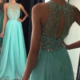 yellow open back prom dresses Canada - Mint Sleeveless Jewel Neck A Line Chiffon Prom Dresses 2019 Crystal Beaded Sexy Open Back Light Yellow Evening Dresses Cheap Party Wear