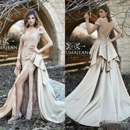 Toumajean Vintage Mermaid Prom Dresses Thigh High Slits Lace Applique Sequined Evening Gowns with Detachable Train Special Occasion Dresses