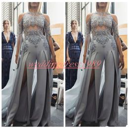 Modest Sexy Jumpsuit Evening Dresses Pants Applique High Split Long Sleeve Saudi Arabia Party Wear Robe De Soiree Prom Ball Pageant Gown