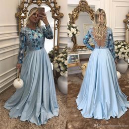 Baby Blue Evening Dresses Long Sleeves Jewel Neck Beads Floor Length Elegant Evening Formal Dresses 2019 Designer Evening Party Wear Formal