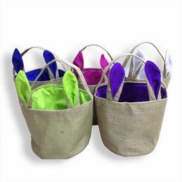 Bunny Ear Burlap Bags Easter Baskets Bag Tote Jute Easter Bunny Buckets with Bunny Ears