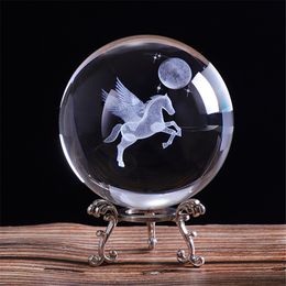 80mm 3D Laser Arts and Crafts Engraved Miniature Pegasus Crystal Ball Crystal Field Craft Glass Home Decoration Ornament Birthday Gift