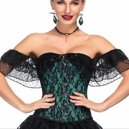 Women Push up Bra Overbust Corset Top with Dots Lace Mesh Sleeves and Black Lace Overlay Details Everyday Outwear Fashion Lace-up Shapewear