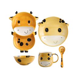 Cartoon Yellow Giraffe Ceramic Dinnerware Set for Kids Children Toddler Baby Hand Painted Animal Feeding Tray Plates Dish Bowl Mug Spoon