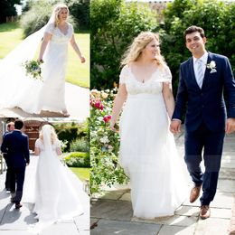 Chiffon Empire Waist Cap Sleeve V-Neck Floor-Length Plus Size Wedding Dress With Illusion Lace Bodice Modern Wedding Bridal Gowns Pregnant