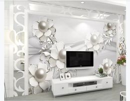 Customised 3d mural wallpaper photo wall paper Precious fashion three-dimensional pearl Jewellery flower living room TV background mural