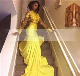 2018 New Pretty Yellow African Lace Appliqued South African Prom Dress Mermaid Long Sleeve Banquet Evening Party Gown Custom Made Plus Size