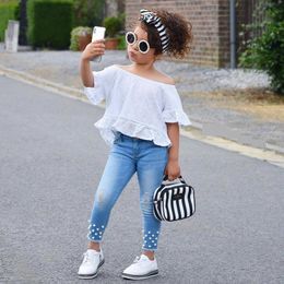 Girls clothing Summer Fashion Kids White Lace Shirt Top with Ruffle-sleeve +Pearl Denim Pant 2pcs set Baby Girls Sets