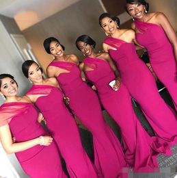 2020 Simple Fuchsia Bridesmaid Dresses Mermaid One Shoulder Sweep Train Tulle Chiffon African Plus Size Maid of Honour Gown Custom Made