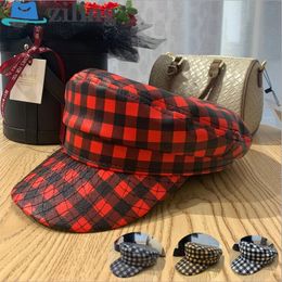 Red Buffalo Cheque Pu Leather Military Cap Women Fashion Military Hat Gorras Snapback Caps Female Casquette Beret British Style Lattice Hat