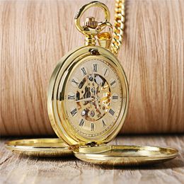 Golden/Silver Hand Wind Mechanical Pocket Watches Luxury Smooth Roman Numerals Dial FOB Pendant Chain Steampunk Men Gift
