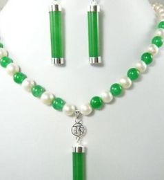 Jewellery charm green/purple jade-white pearl necklace +jade pendant earring set18K gold