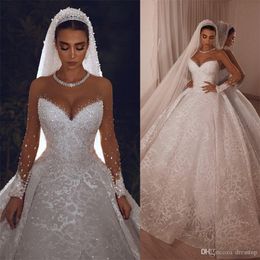 Arabiska vintage bröllopsklänningar kristaller ren långärmad spets pärlor bollklänning vestido de novia brudklänning
