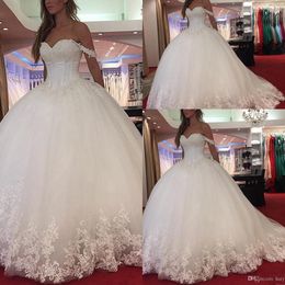 Arabic New Ball Gown Wedding Dresses Sweetheart Lace Appliques Crystal Beaded Off Shoulder Puffy Vestido Sweep Train Formal Bridal Gowns s