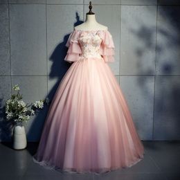 2018 New Princess Pink Lace Appliques Ball Gown Quinceanera Dresses Bateau Tulle Lace Up Sweet 16 Dresses Debutante 15 Year Party Dress BQ90