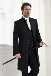 New Design Black Groom Tuxedos Groomsmen Stand Collar Best Man Suits Mens Wedding Suits (Jacket+Pants+Vest+Tie) 1003