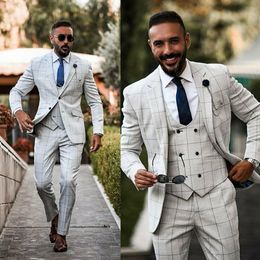 Classic Check Groom Wear Slim Fit Two Button Peaked Lapel Mens Business Formal Prom Tuxedos Best Man Blazer Suit (Jacket+Vest+Pants)