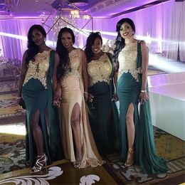 2020 Emerald Green African One Shoulder Split Mermaid Bridesmaid Dresses Lace Applique Plus Storlek Bröllop Guest Maid of Honor Dress