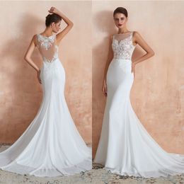 2020 Seksi Beyaz Mermaid Şifon Kolsuz Gelinlik Modern Backless Sheer Boyun Ülke Stil Düğün GOwns Artı Boyutu Gelin Elbise