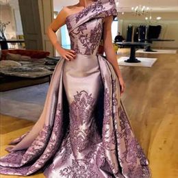 Fashion One Shoulder Evening Dresses Light Purple Satin Appliques Mermaid Prom Gowns Summer Formal Girls Pageant Dress