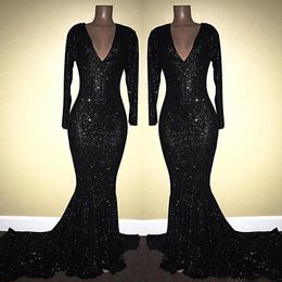 New Arrival Black Sequined Mermaid Evening Dresses 2018 Sexy Deep V Neck Sparkling Long Sleeves Prom Dresses Women Pageant Party Gown