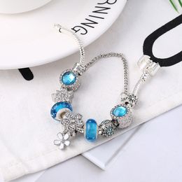 Wholesale- Charm Pink/blue Bead Pandora Bracelet for Women's Heart Key Pendant Snake Bone Bracelet Jewellery