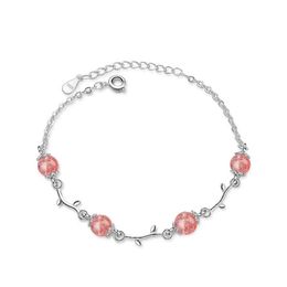 Femmes 925 Argent Sterling Strawberry Crystal Quartz Perle Mignon Chat Bracelet