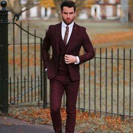 Latest Design Two Buttons Burgundy Wedding Men Suits Peak Lapel Three Pieces Business Groom Tuxedos (Jacket+Pants+Vest+Tie) W1126