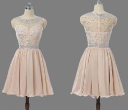 Modern Champagne Prom Dresses A-line Cap Short Sleeves Mini Crystals Elegant Organza Moulded Cocktail Party Dresses HY378