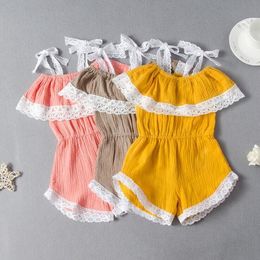 Baby Rompers Girls Lace Suspender Jumpsuits Summer Lotus Leaf Collar Cotton Linen Onesies Outfits Children Off Shoulder Bodysuits PY617