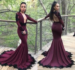 Burgundy 2019Hot Sale Mermaid Prom Dresses Long Sleeves Deep V Neck Black Applique Backless Sweep Train Formal Dresses Evening Wear Gown