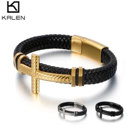 Leather Braided Rope Bracelet For Men Metal Cruz Charm Fashion Trend Bracelet Silver/Black/Gold Color