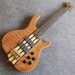 Rare Ken Smith 4 Strings Natural Quilted Maple Top Electric Bass Guitar Active Wires & 9V Battery Box, 5 ply Sandwich Neck, Gold Hardware