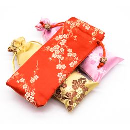 Patchwork Cherry blossoms Lengthen Silk Brocade Pouch Drawstring Jewellery Necklace Gift Bags Wood Comb Trinket Storage Pocket 8x18 cm