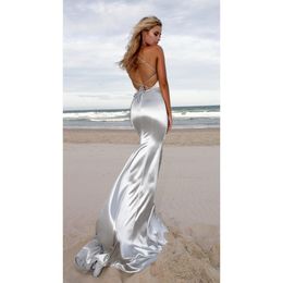 Sexy Backless Silver Grey Prom Dresses Mermaid Halter Elastic Satin Sequins Patchwork Sweep Train Custom Made Plus Size Formal Evening Gown