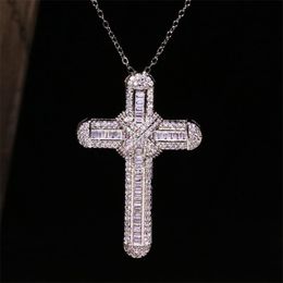 Top Selling Luxury Jewelry 925 Sterling Silver Handmade Full White Sapphire CZ Diamond Gemstones Cross Pendant Women Wedding Necklace Gift