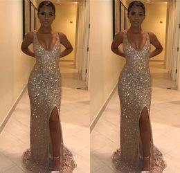 Mermaid Gold Sequined Evening Dresses 2019 Cheap Sexy Red Carpet Celebrity Holiday Women Wear Formal Party Prom Gowns Custom Made Plus Size