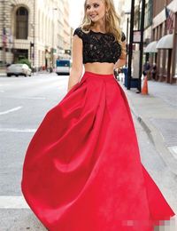 Piece Two Prom Dresses Satin Capped Sleeves Red Black Lace Scalloped Necklline Hollow Back Juniors Graduation Party Gowns