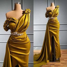 Arabic Gold Mermaid Prom Dresses One Shoulder Crystals Evening Dress 2020 High Split Formal Party Second Reception Gowns